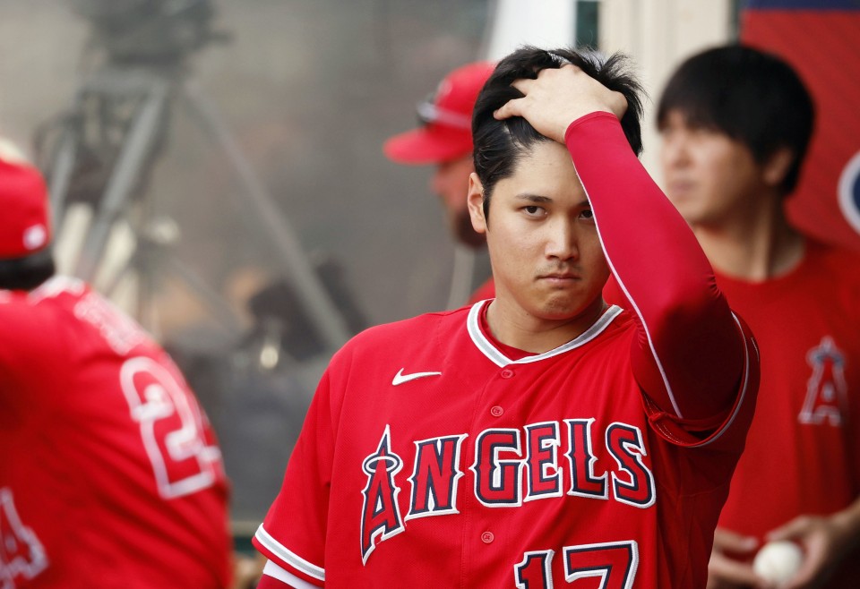 Shohei Ohtani of the Los Angeles Angels is pictured in the dugout