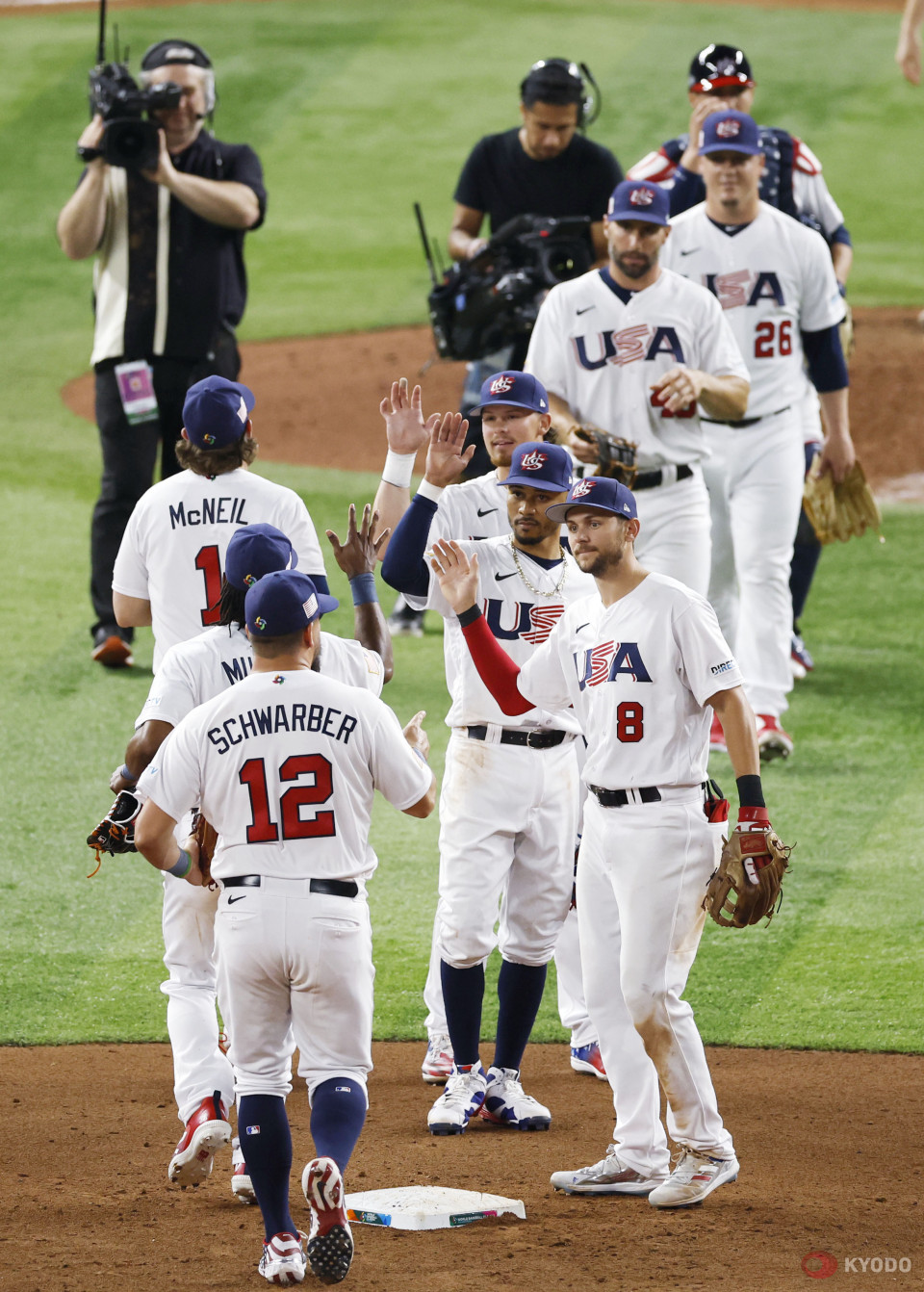 Trea Turner hits a grand slam in the eighth inning of the United States'  World Baseball Classic quarterfinal game against Venezuela at LoanDepot  Park in Miami, Florida, on March 18, 2023. (Kyodo)==Kyodo