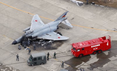 Japanese fighter jet catches fire before takeoff