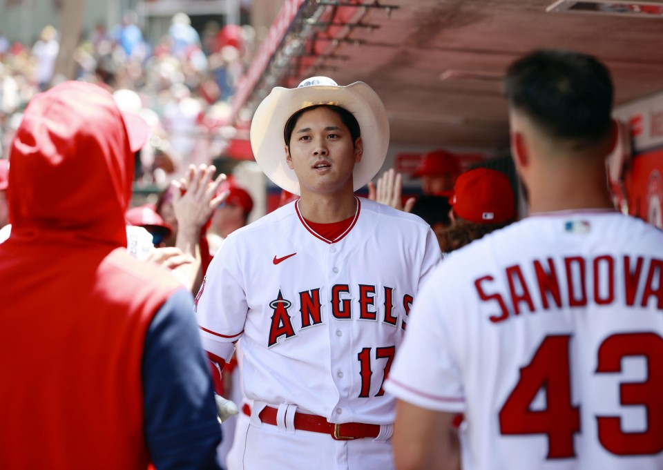 Los Angeles Angels designated hitter Shohei Ohtani wears a jersey