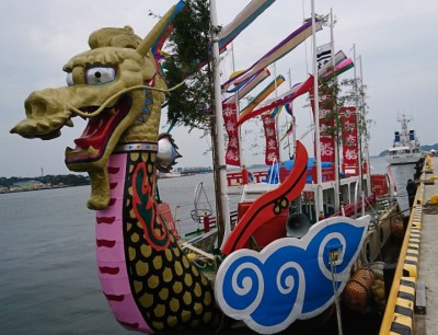 Dragon & phoenix boats collect omikoshi at Minato Matsuri, Shiogama, Miyagi