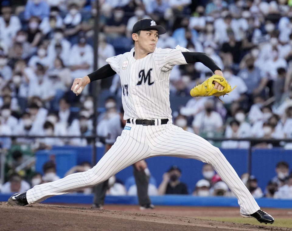 Roki Sasaki of the Lotte Marines pitches against the SoftBank Hawks in a  preseason baseball game at PayPay Dome in Fukuoka, southwestern Japan, on  March 5, 2022. (Kyodo)==Kyodo Photo via Credit: Newscom/Alamy